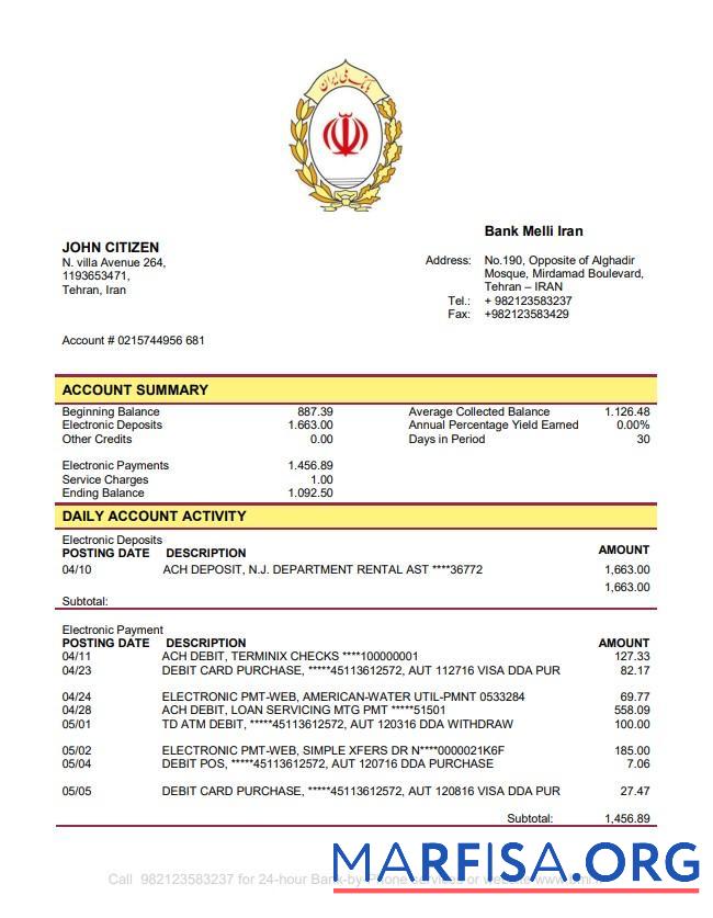 Realistic Iran Melli bank statement word template